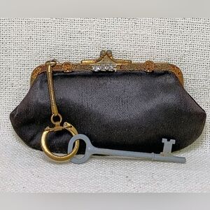 Vintage Coin Purse Keychain Skeleton Key Black Silk Gold Metal Faux Diamonds